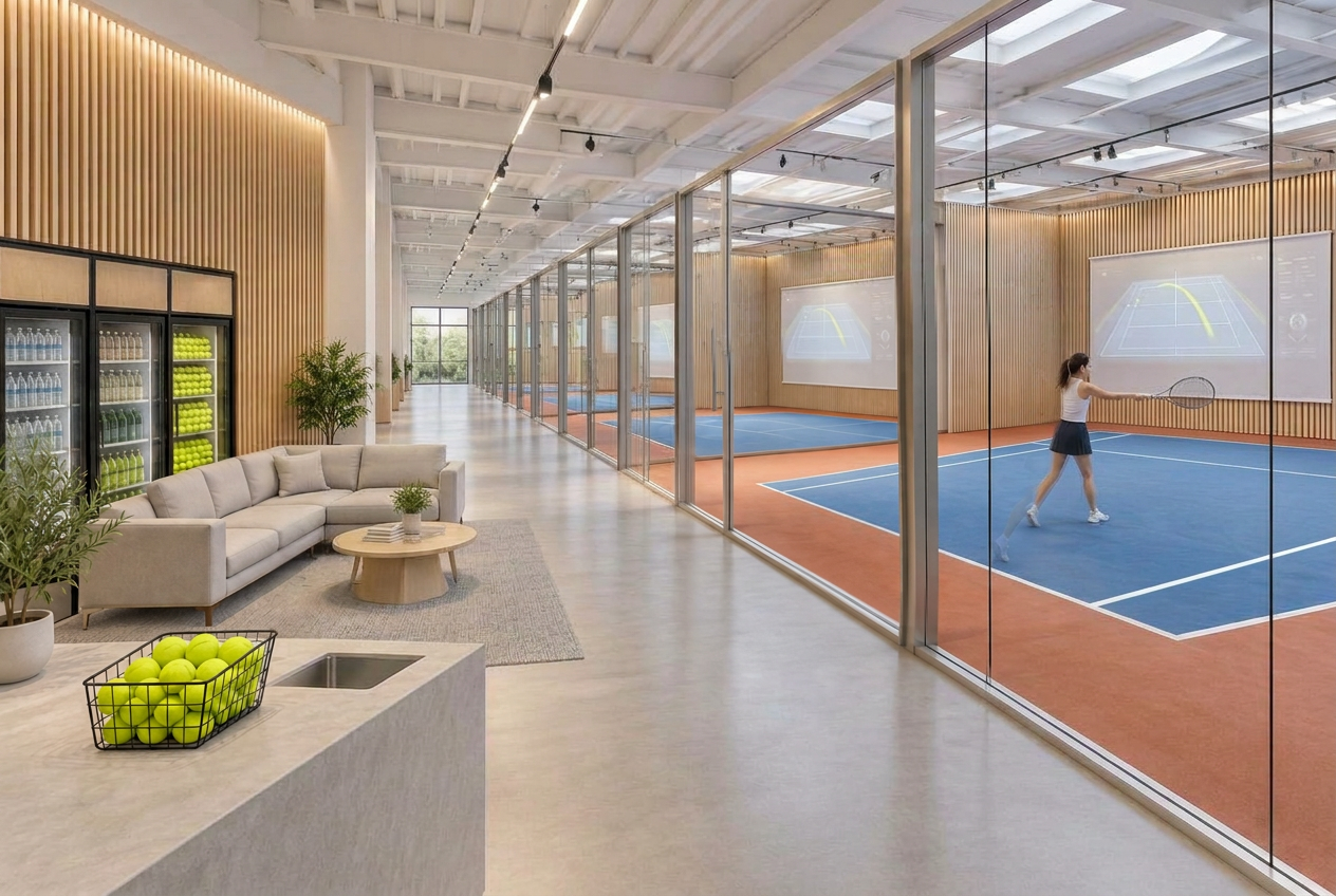 Konceptbild av en ljus modern tennisanläggning med flera träningsrum
