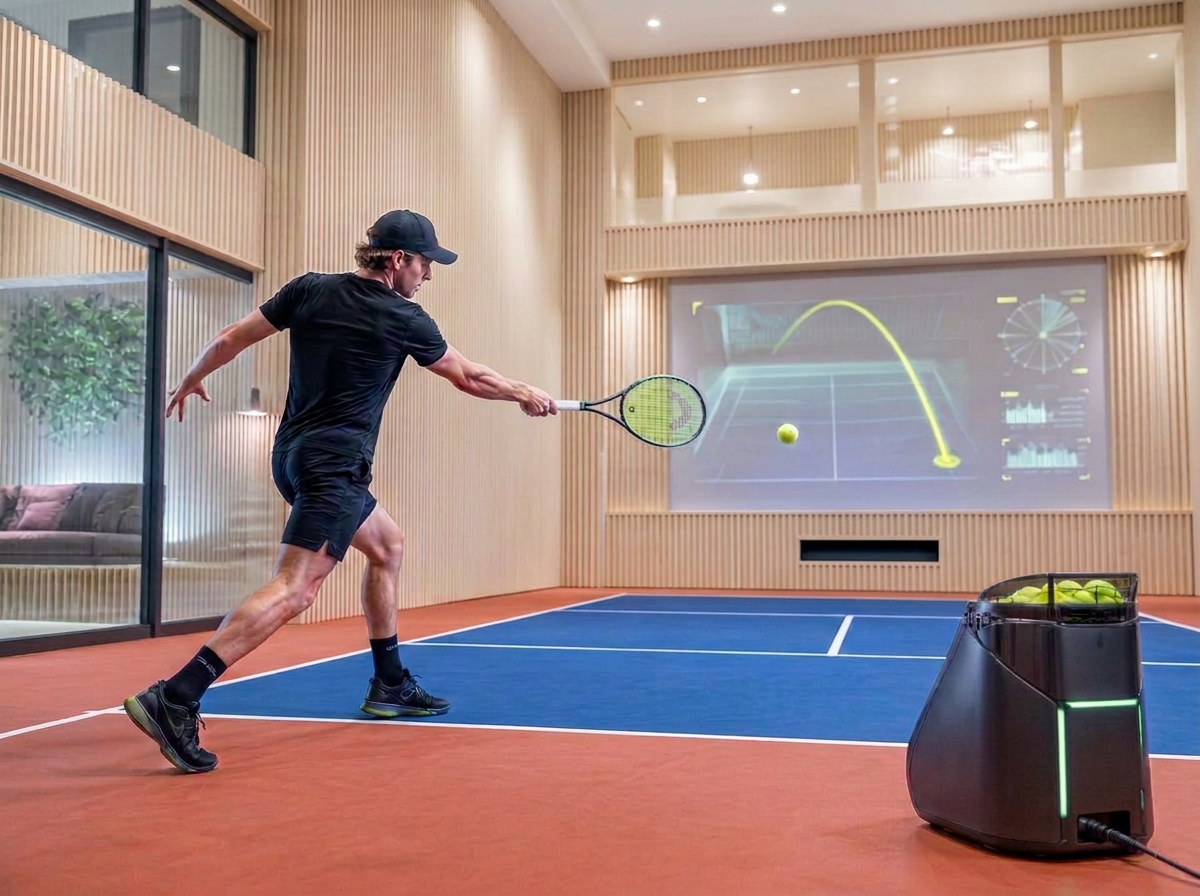 Ljus modern tennislokal med analysskärm och bollmaskin